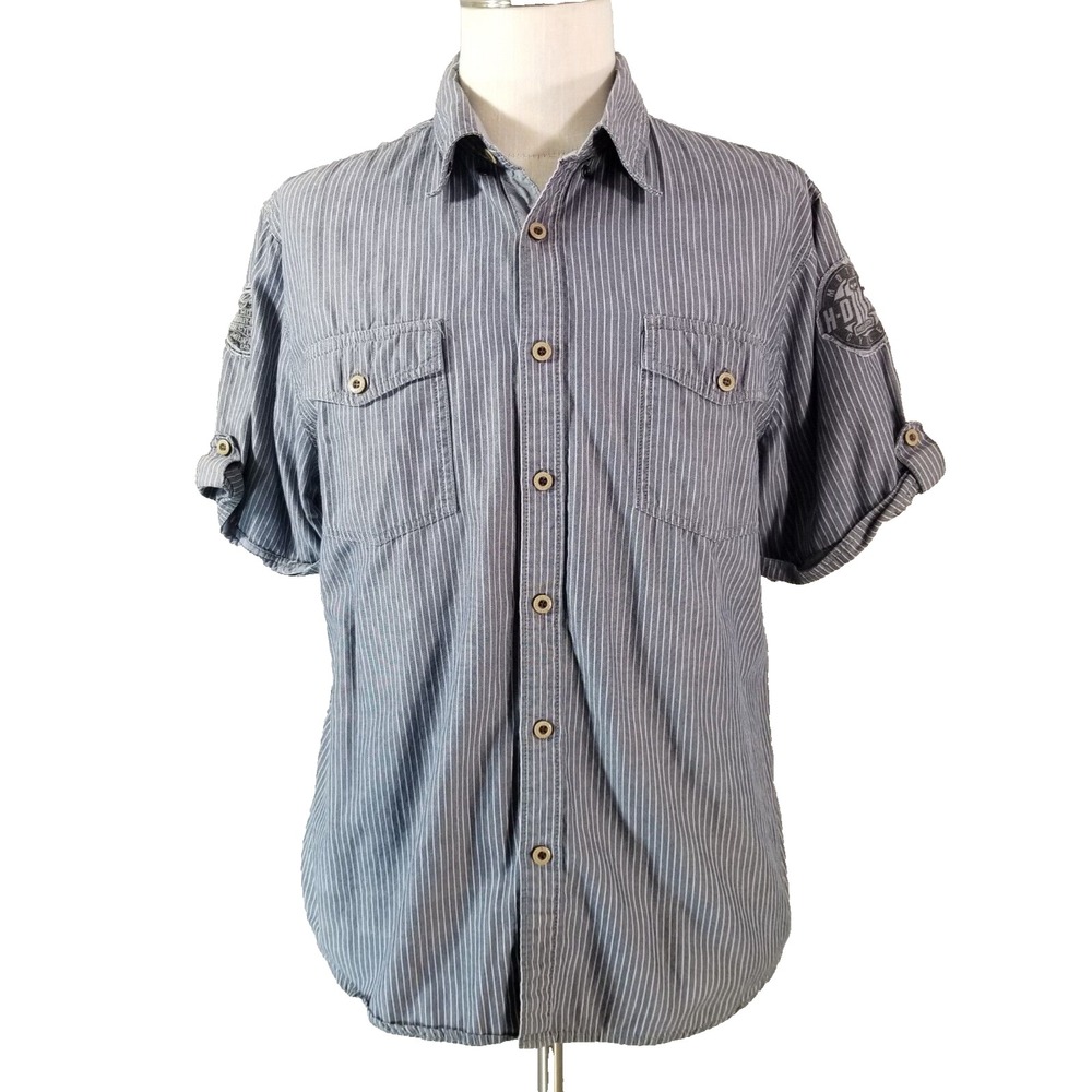 Harley-Davidson Button Down Men L Gray Striped Short Sleeve Biker Shirt Pockets